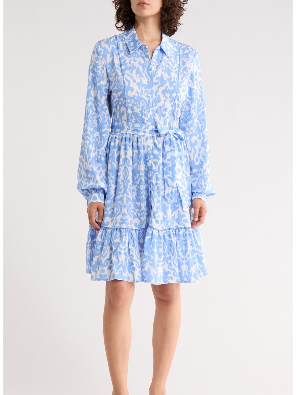 Ellen Tracy Light Blue & White Printed Tie-Waist Shirt Dress